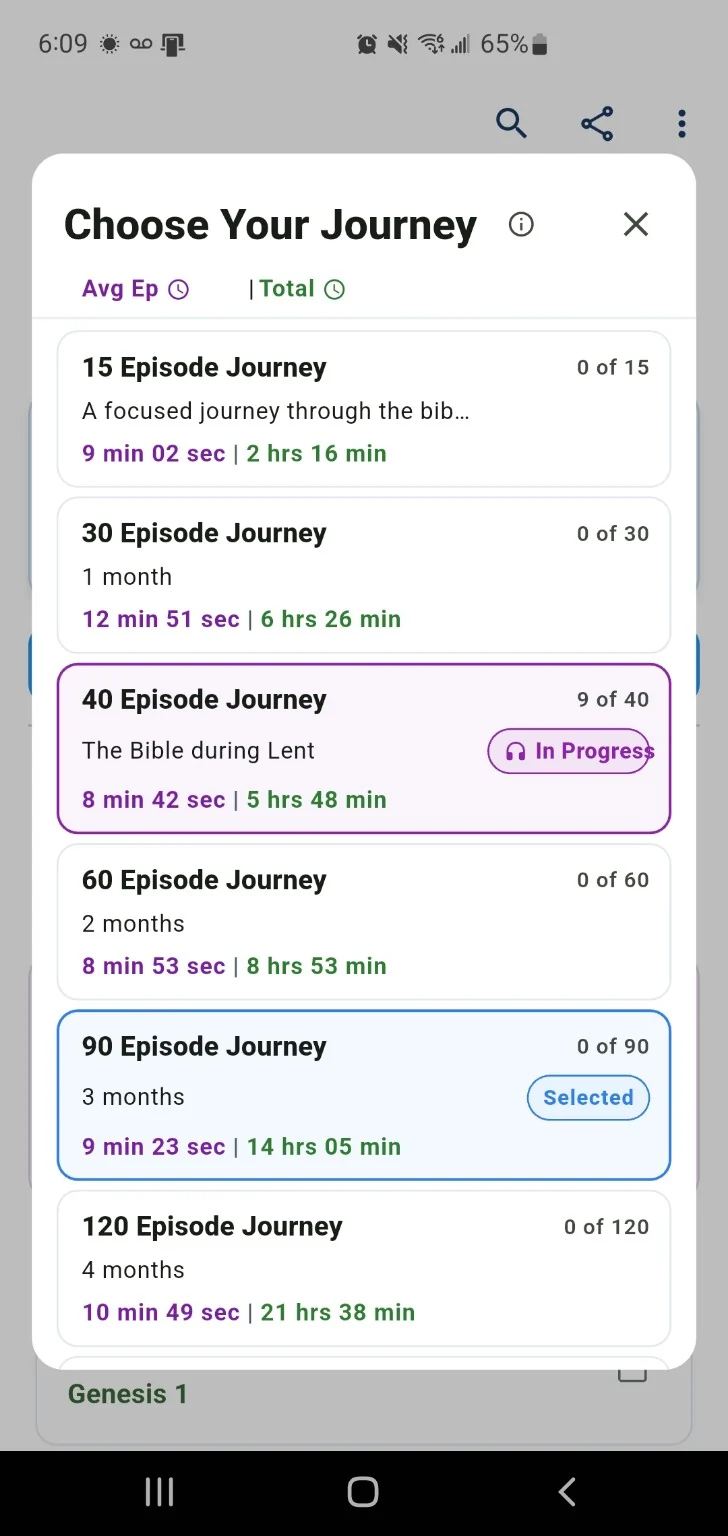 Actual Audio Bible Journeys Android app journey screen